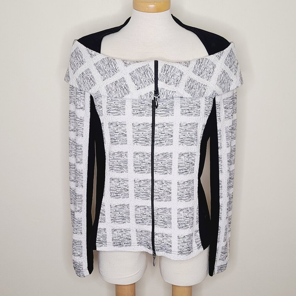 Joseph Ribkoff Black and White Off-Shoulder Zip Front Jacket